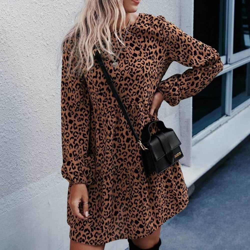 Camel tan Leopard Print Ruffle Mini Dress - Picture 3 of 3
